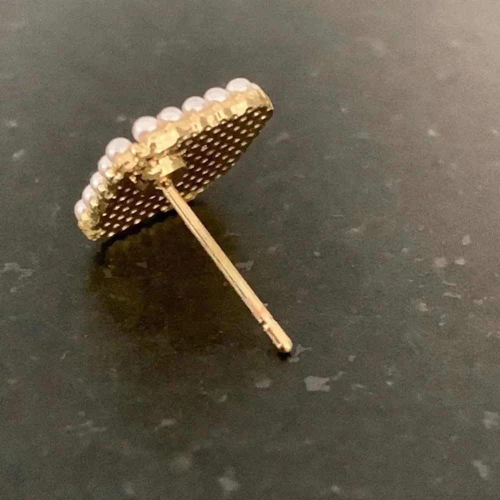 Onyx Black Square Studs with Faux Pearl Border